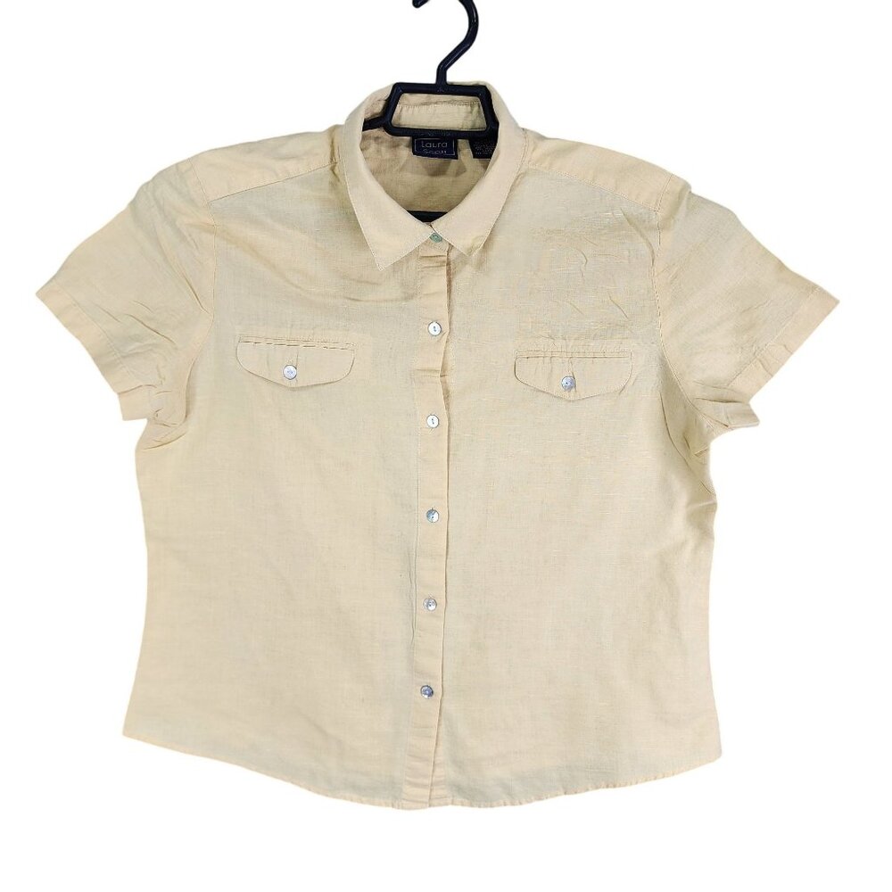 Womens Yellow Laura Scott Shirt Linen Blend Button Down Short Sleeve Size 14